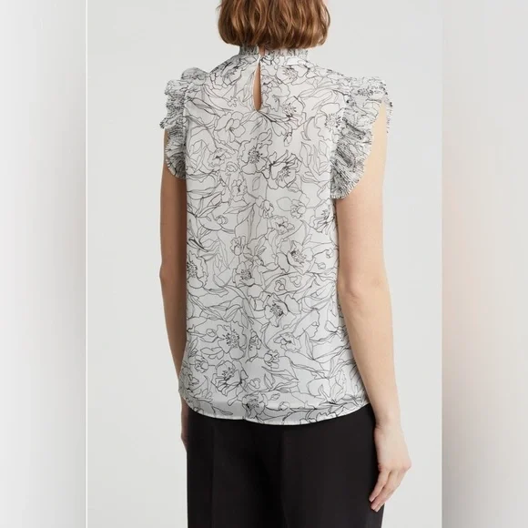 T Tahari Floral Cap Sleeve Top - Black and White Polyester, Women’s Size Large - Picture 4 of 16